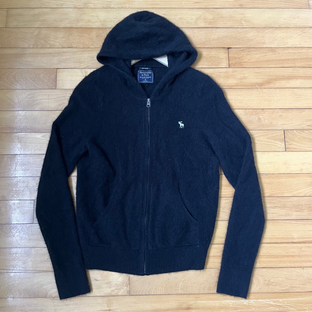 Abercrombie & Fitch Mens Cashmere Blend Full Zip Hoodie Black Moose Logo Size M